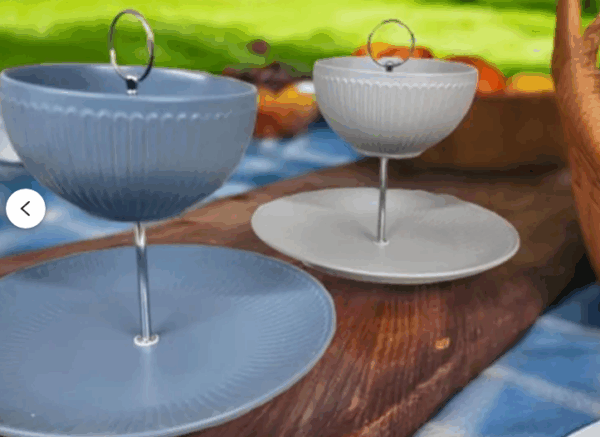 2-stöckige Etagere aus Feinsteinzeug, blau o. grau, Dessertschale u. Teller