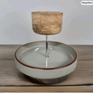 handgefertigte Etagere, ein besonderes Stück. Sie vereint Keramik mit Mango Holz