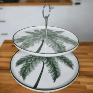 2-stöckige Etagere, aus Porzellan, handgefertigt, neu im Sortiment, mit Palmendekor.