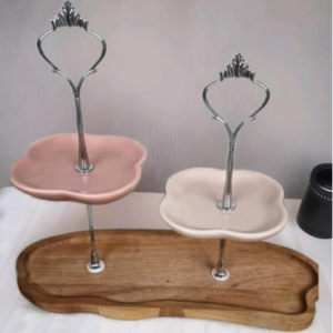 2-stöckige Etagere, handgefertigt, Tablett aus Mangoholz. Schalen aus Steinzeug