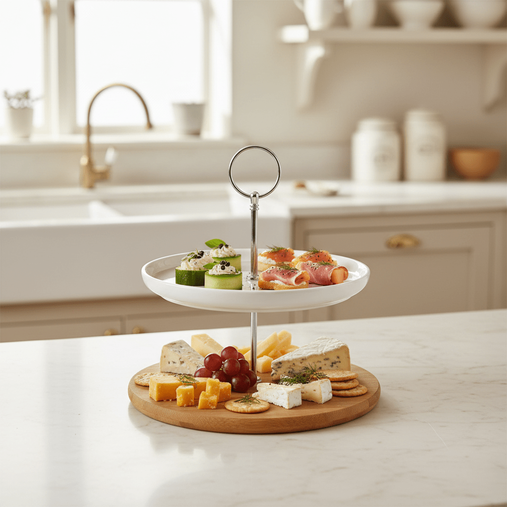 2-stöckige Etagere, harmonischer Materialmix Keramik und Bambus, zum Frühstück oder Kaffee