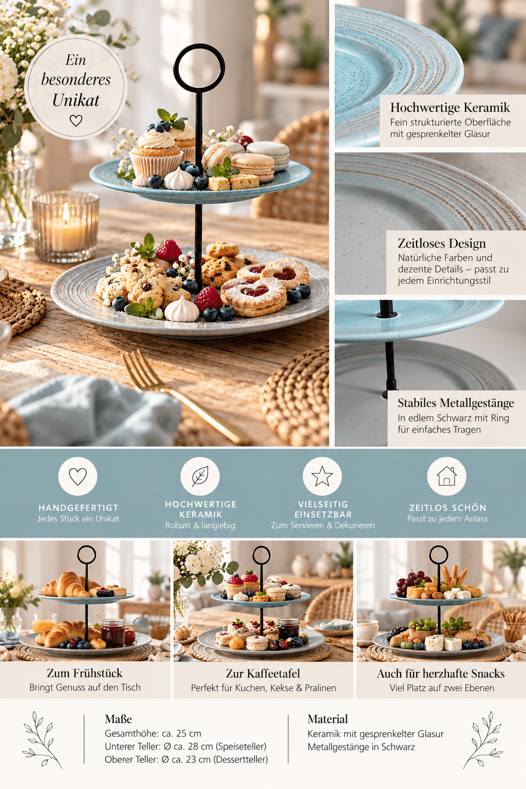 2-stöckige Keramik-Etagere im Cottage-Style – handgefertigtes Unikat im Landhausstil