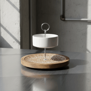 Etagere 2-stöckig mit einer Keramikschale und Holzteller im Mehndi-Design