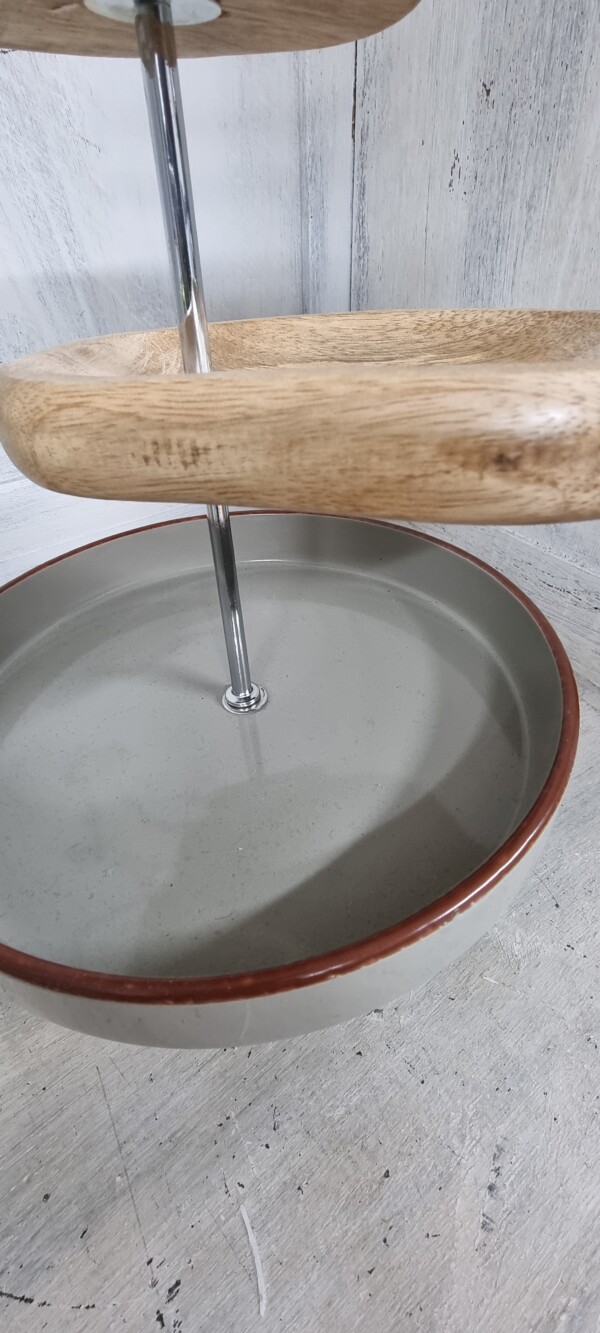Handgefertigtes Kunsthandwerk aus hochwertiger Keramik und Mangoholz, 3-stöckige Etagere – Bild 5