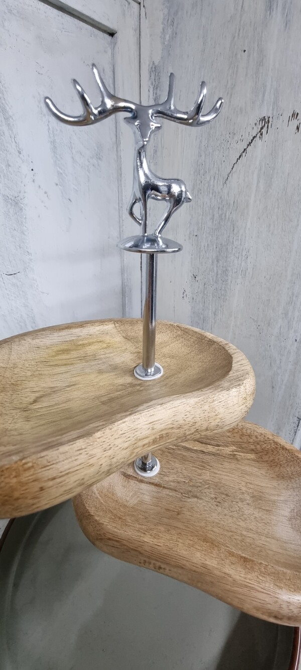 Handgefertigtes Kunsthandwerk aus hochwertiger Keramik und Mangoholz, 3-stöckige Etagere – Bild 4