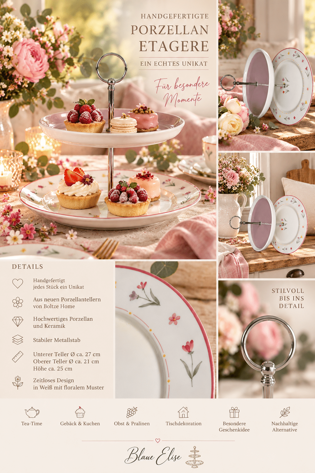 Handgemachte 2-stöckige Porzellan-Etagere, ideal für besondere Tea-Time Momente