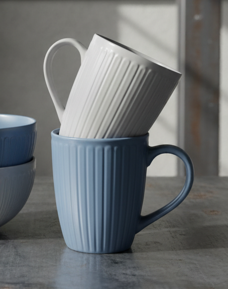 Van Well 4-tlg. Keramik-Set, Becher Landhausstil aus Keramik, ansprechendes Design, blau und grau