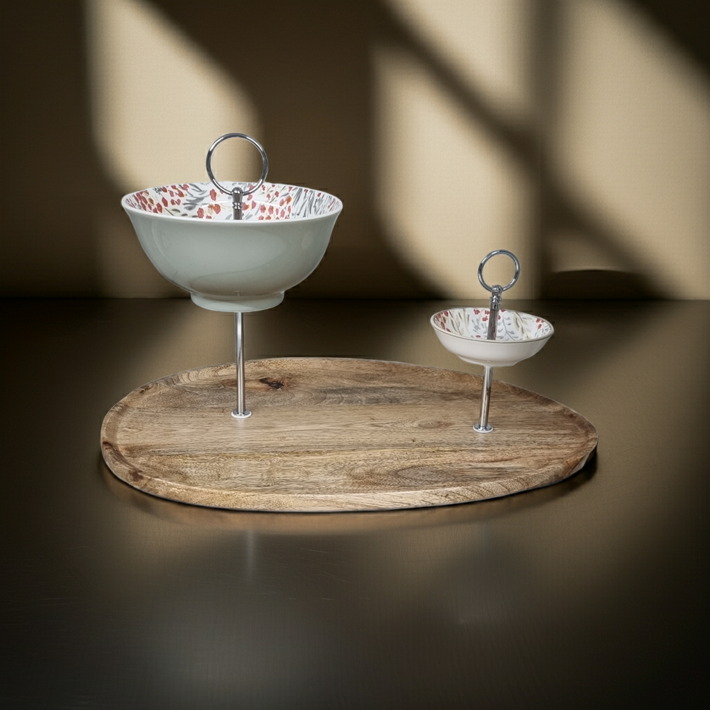 Eine besondere Etagere, absolutes Unikat- handgefertigt, besondere Tischdekoration aus Mangoholz und Keramik