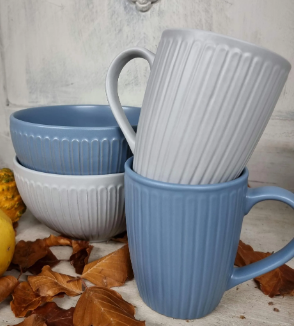 Van Well 8-tlg. Keramik-Set, Becher & Bowl Landhausstil aus Keramik, ansprechendes Design, blau und grau