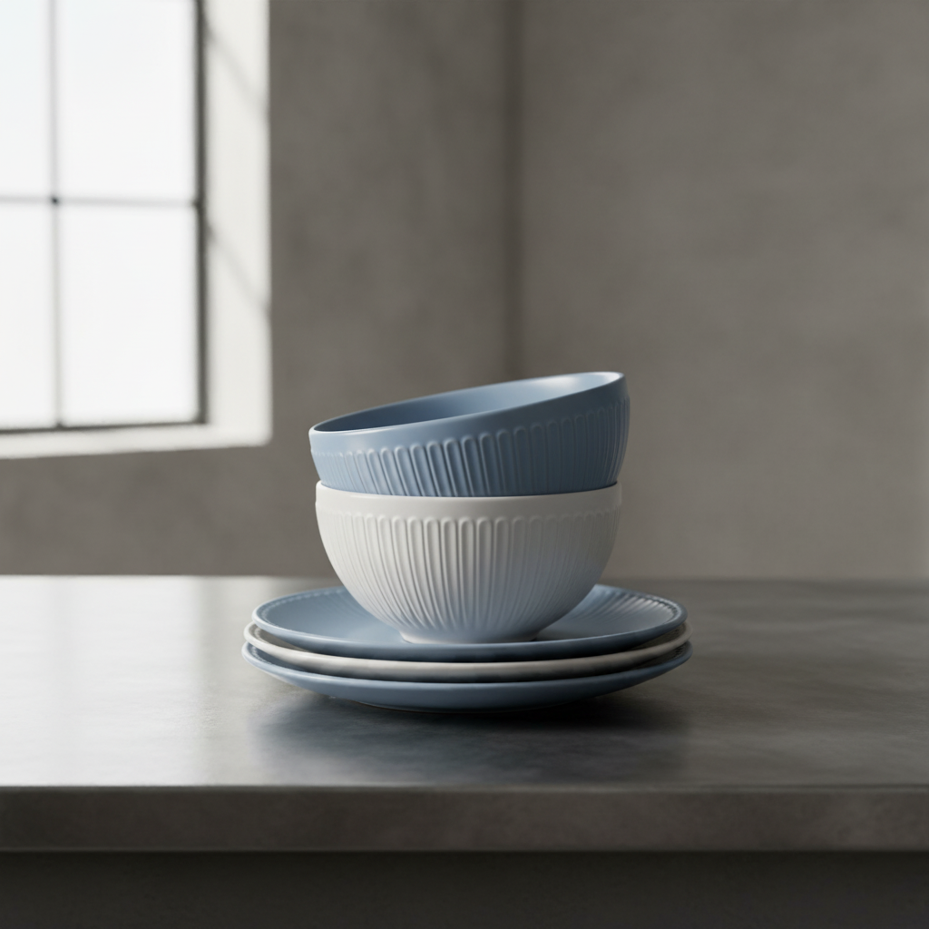 Van Well 8-tlg. Keramik-Set, Bowl & Teller im Landhausstil aus Keramik, ansprechendes Design, blau und grau