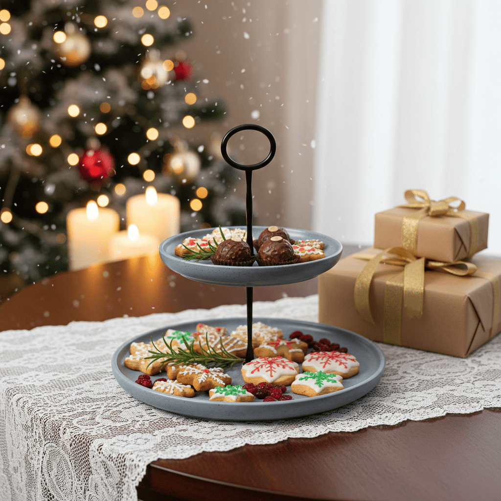 Zeitlose Tischdekoration im Cottage-Style, Etagere 2-stöckig grau