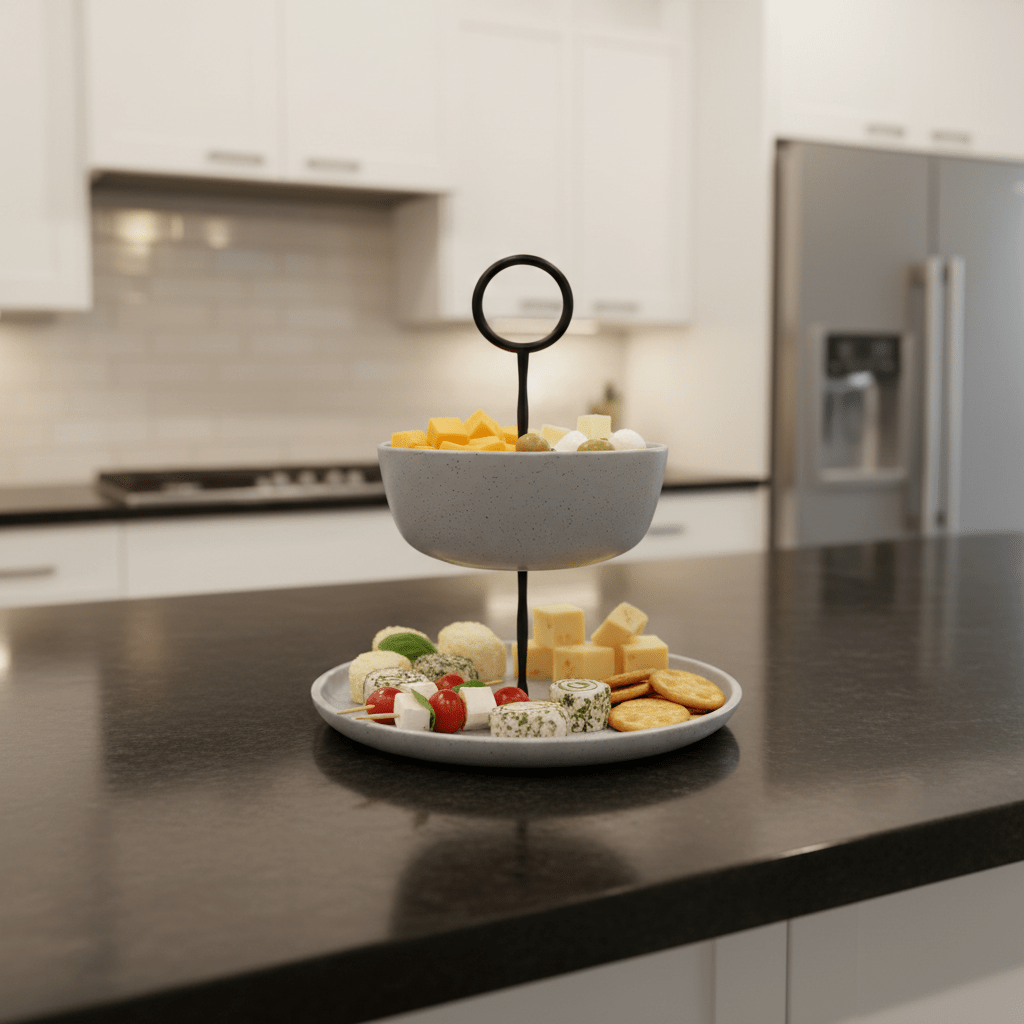 Zeitlose Tischdekoration im Cottage-Style, Etagere 2-stöckig hellgrau