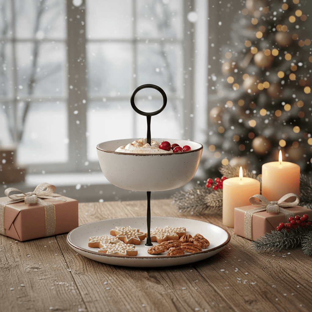 Zeitlose Tischdekoration im Cottage-Style, Etagere 2-stöckig weiss gesprenkelt