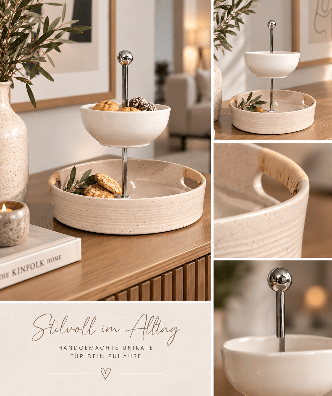 Moderne Tischdekoration im modernen Style, Etagere 2-stöckig mit Metallschale