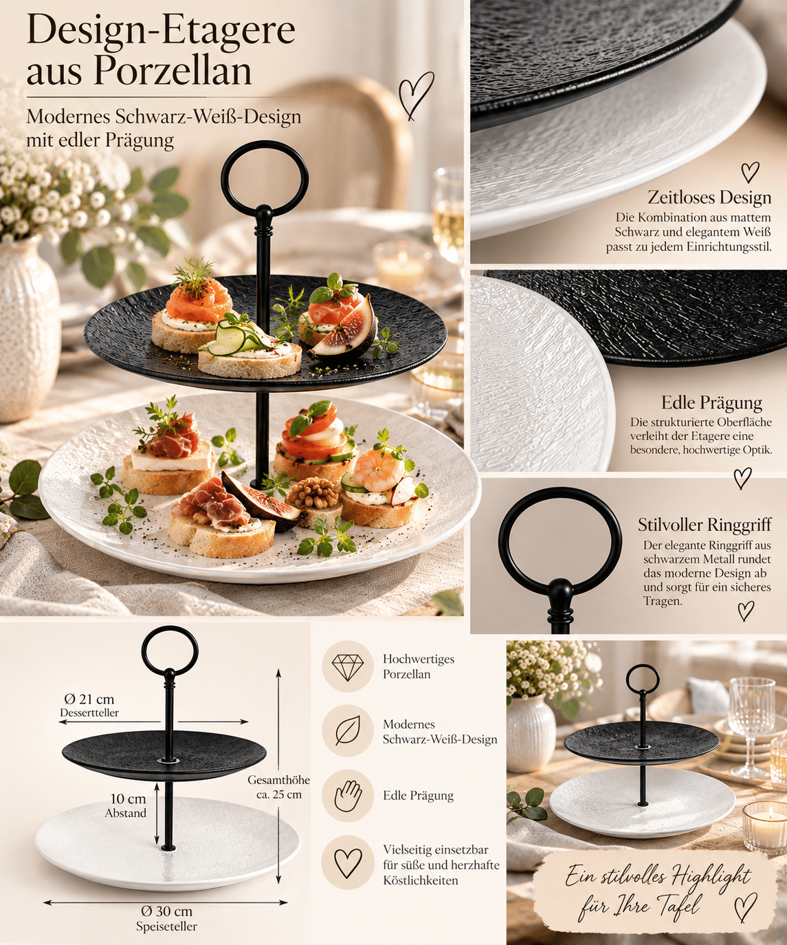 Handgefertigte Design-Etagere aus Porzellan – Modernes Schwarz-Weiß-Design mit edler Prägung