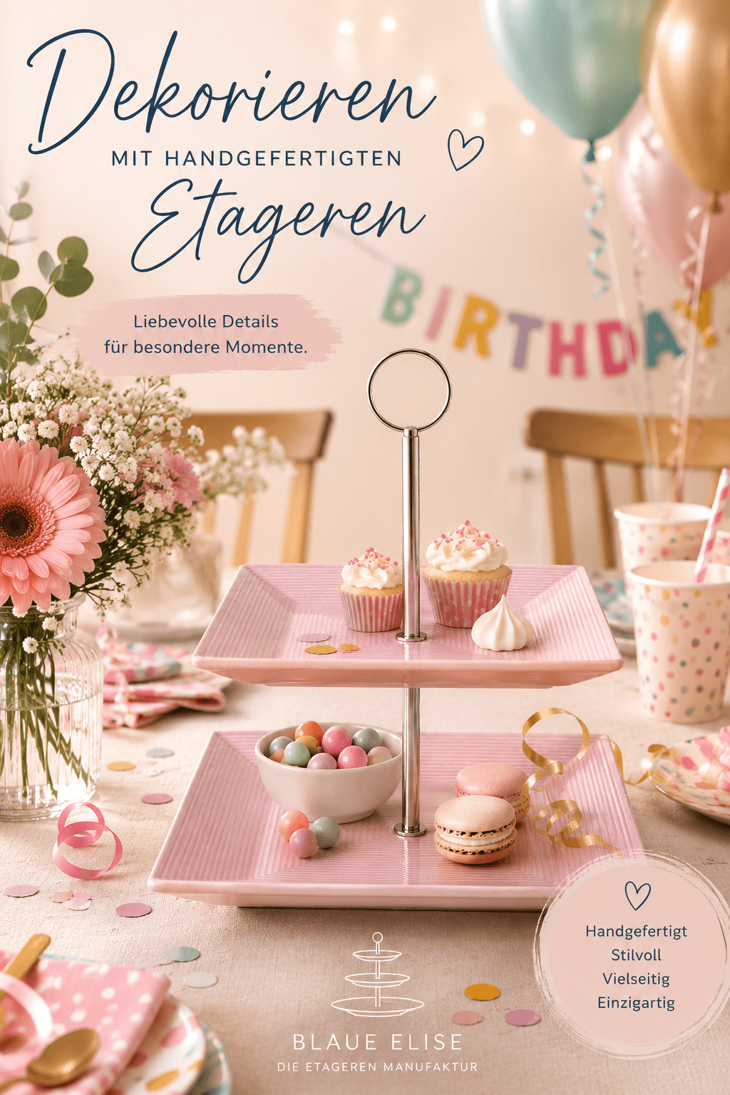 2-stöckige Etagere aus Keramik – eckig, rosa, dekoratives Highlight