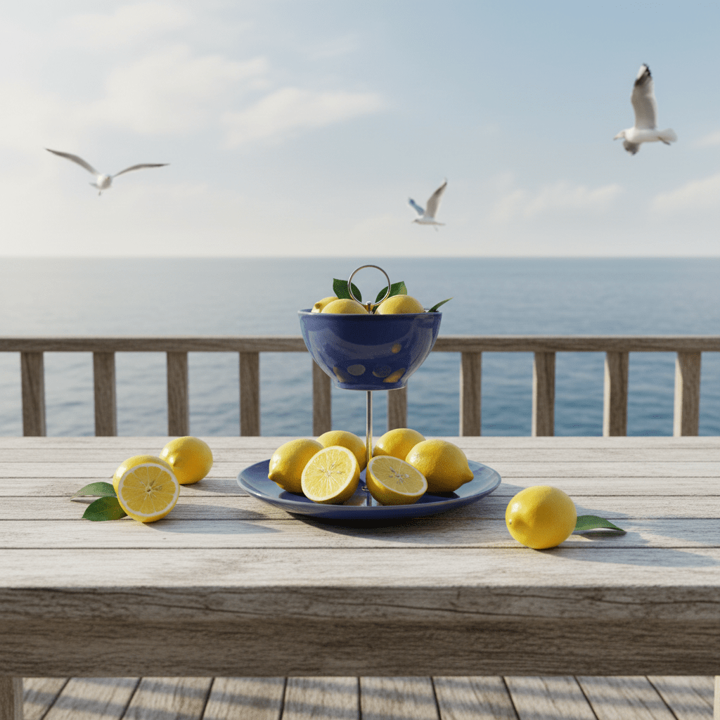 Handgefertigte Etagere aus Steinzeug, blau wie das Meer