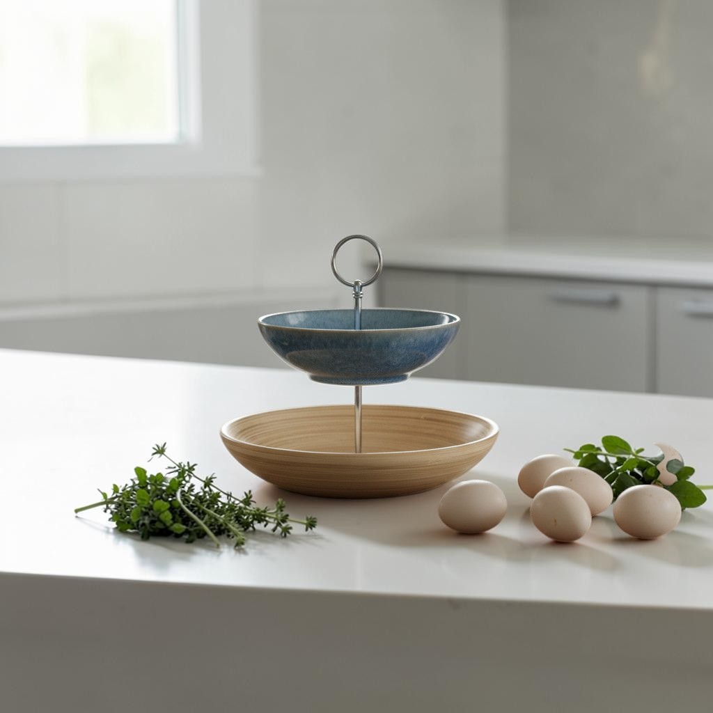 handgefertigte Etagere mit Holz- & Keramikschale Unikat