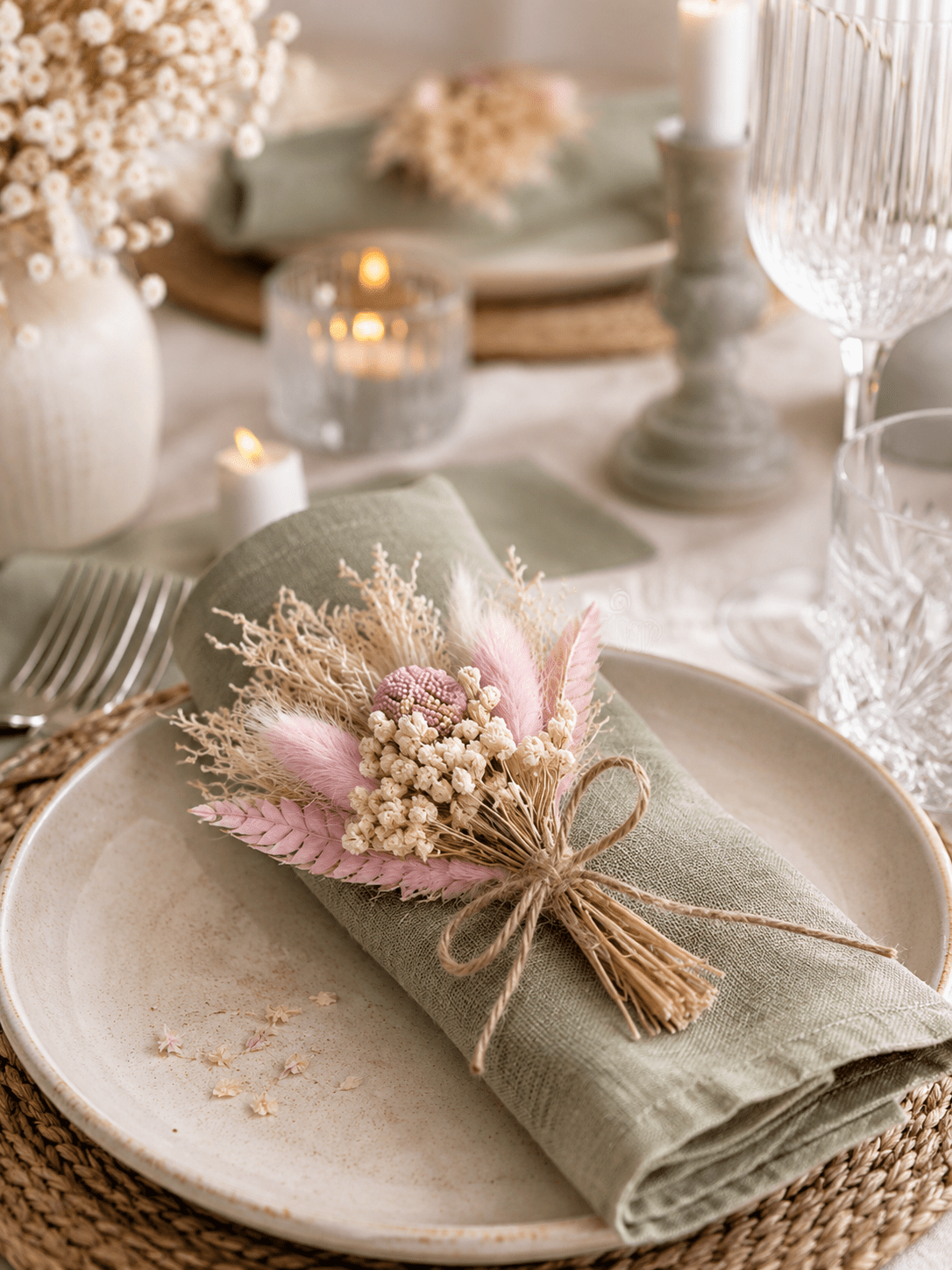6-teiliges Tischdeko-Set – Stoffservietten, Serviettenringe & Mini-Trockenblumen