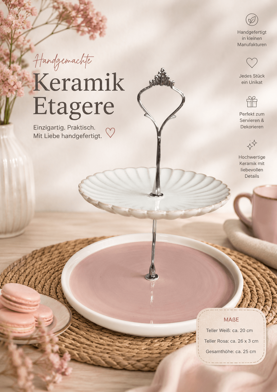 Romantische Keramik-Etagere in Rosa & Creme