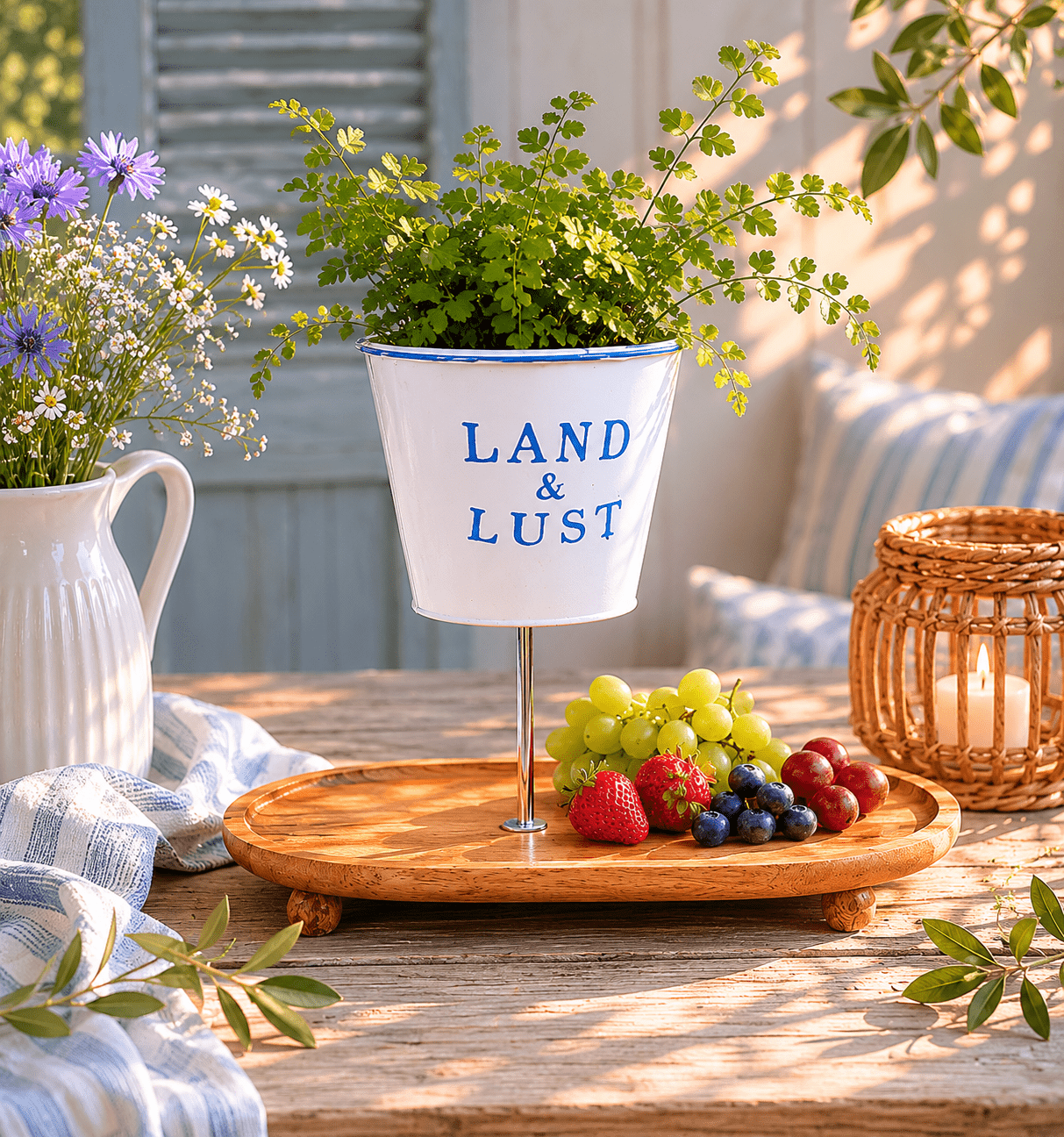 Pflanzenständer „Land & Lust“ mit Mangoholz-Tablett