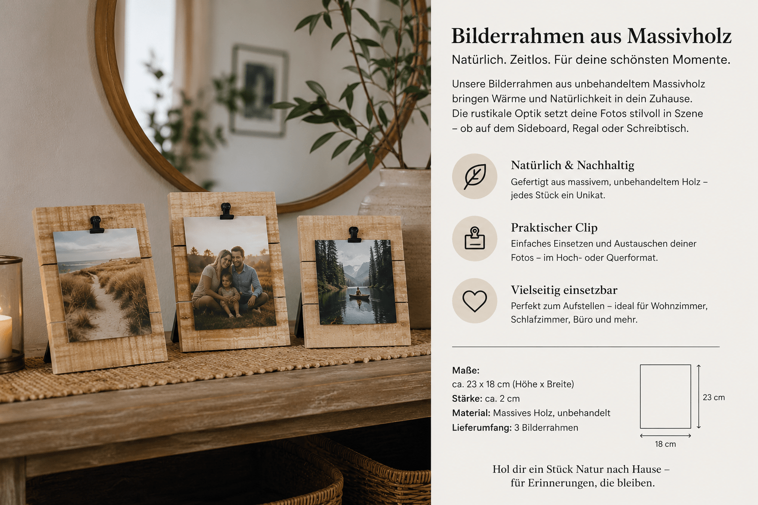 Bilderrahmen aus massivem Holz – 3er-Set