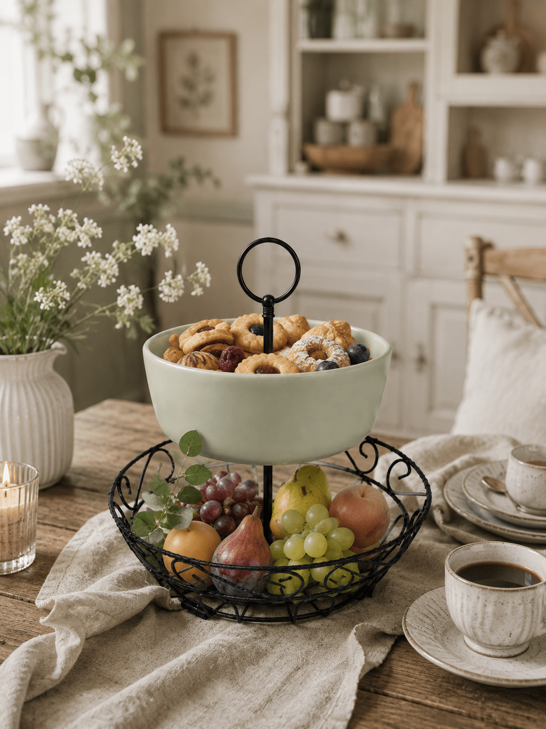 Landhaus-Etagere „Landfrühstück“ – Keramik & Metall mit Obstkorb