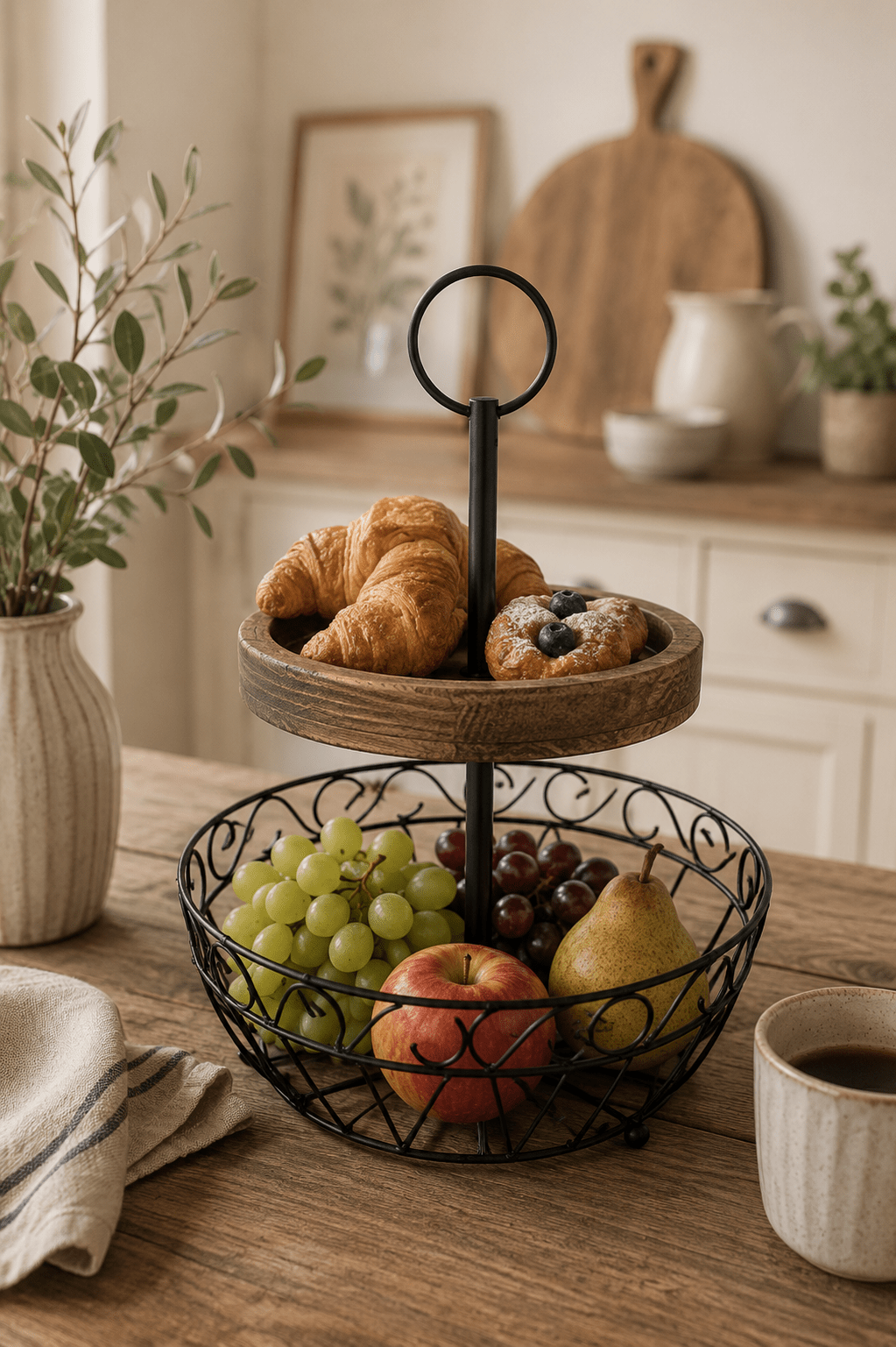 Landhaus-Etagere „Landfrühstück“ – Holz & Metall mit Obstkorb