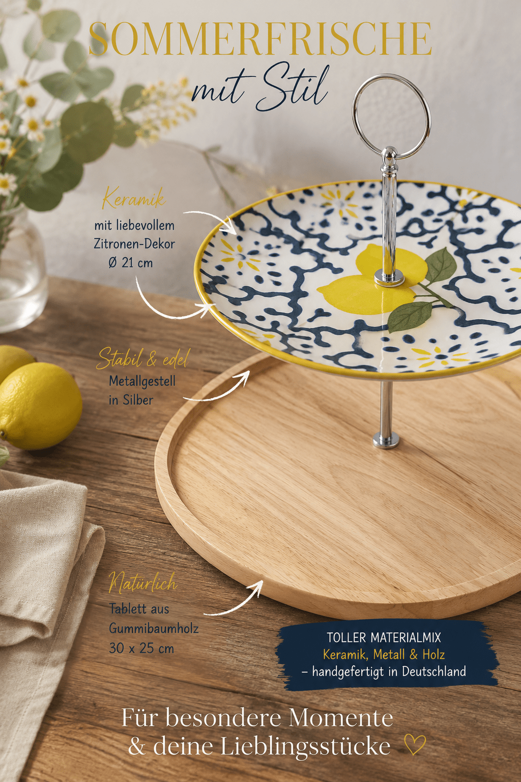 Sommerfrische mit Zitronen – Handgefertigte Etagere aus Keramikteller & Holz
