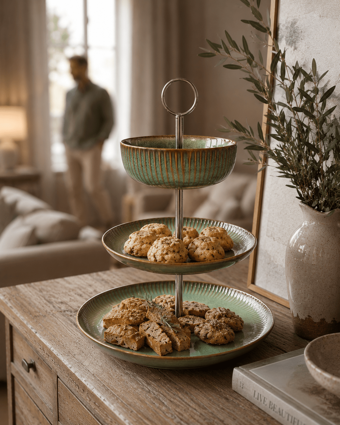 3-stöckige Etagere aus Keramik – Salbeigrün | Handgefertigtes Design