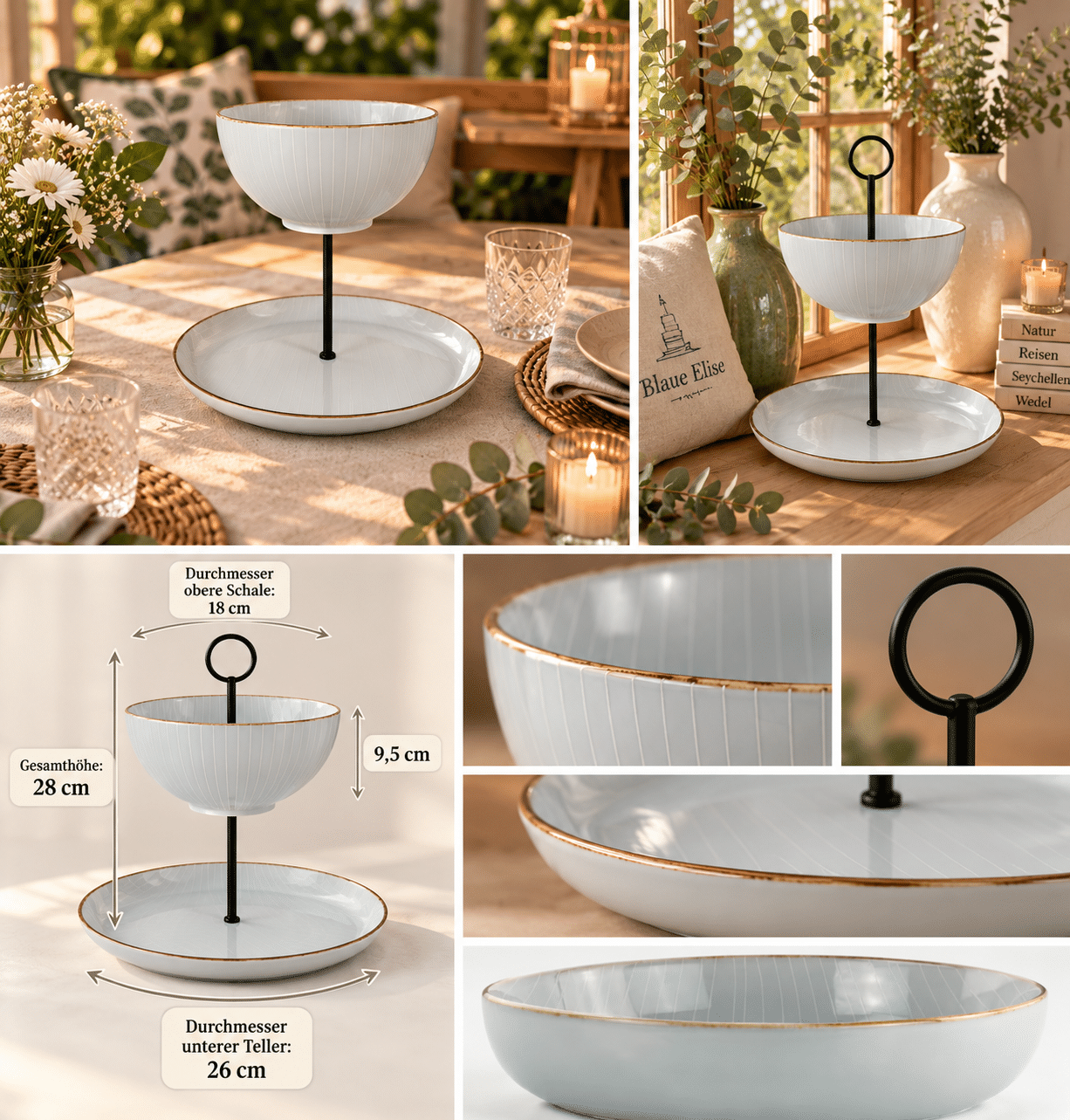 Handgefertigt im skandinavischen Design, Etagere mit Speiseteller und Schüssel aus Keramik | light grey