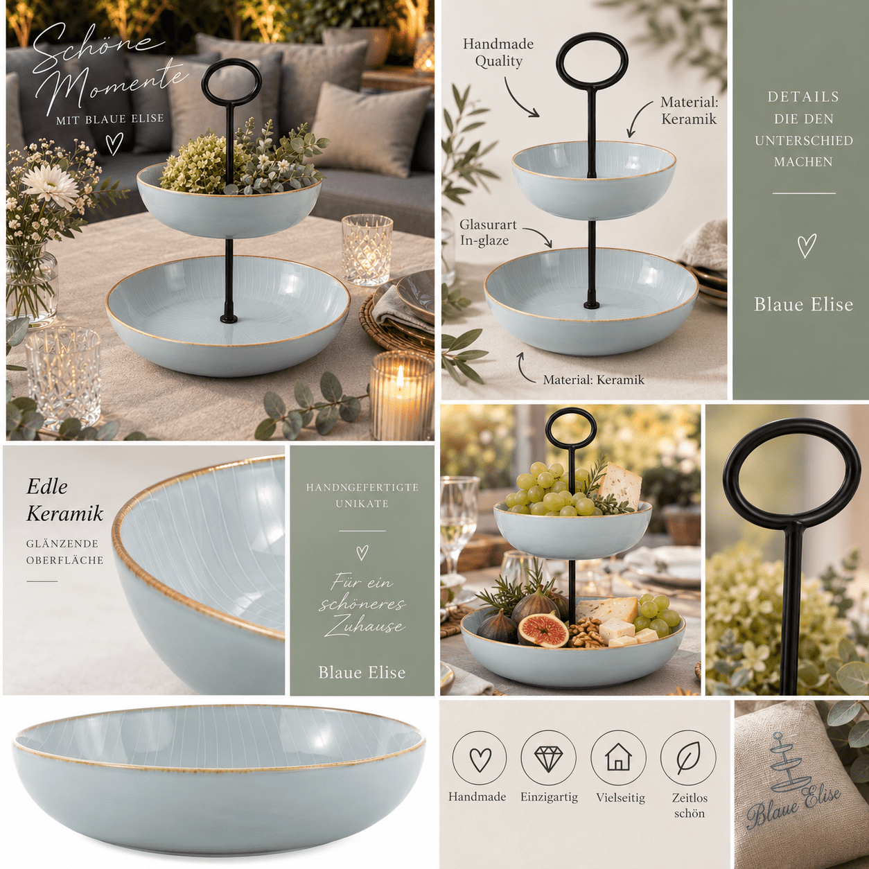 Handgefertigt im skandinavischen Design, light grey, Etagere mit 2 Tellern aus Keramik