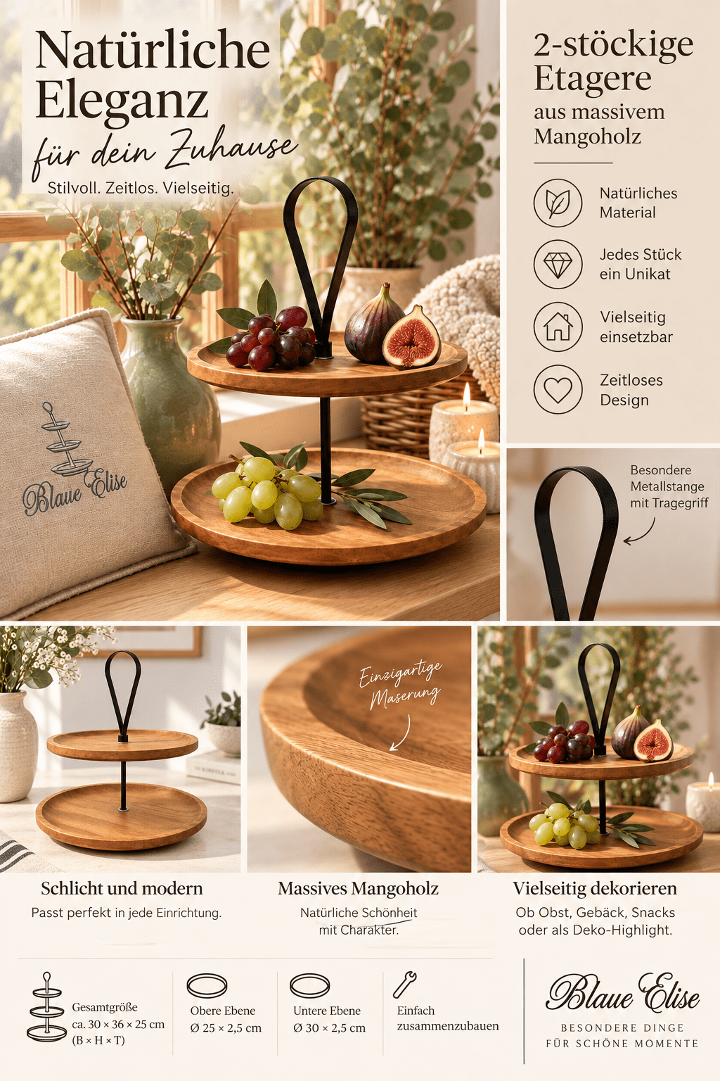 2-stöckige Etagere aus massivem Mangoholz | Handgefertigter Servierständer für Küche, Tisch & Sideboard