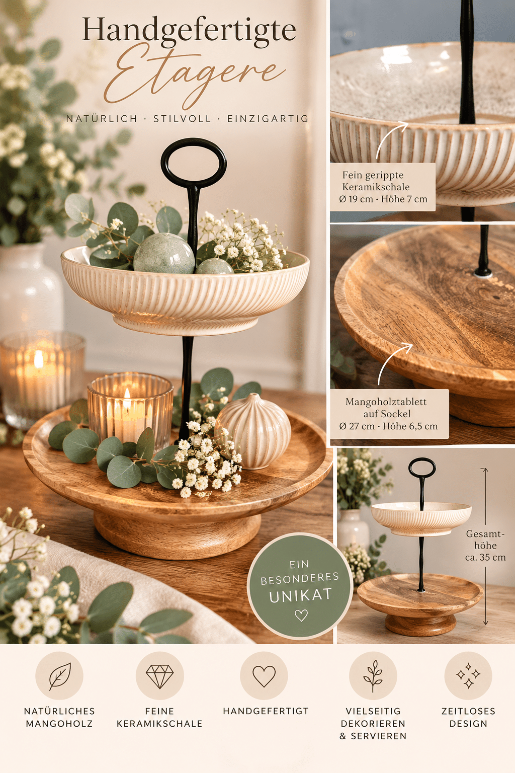 Etagere aus Mangoholz & gerippter Keramik – natürliches Design für Tisch & Zuhause