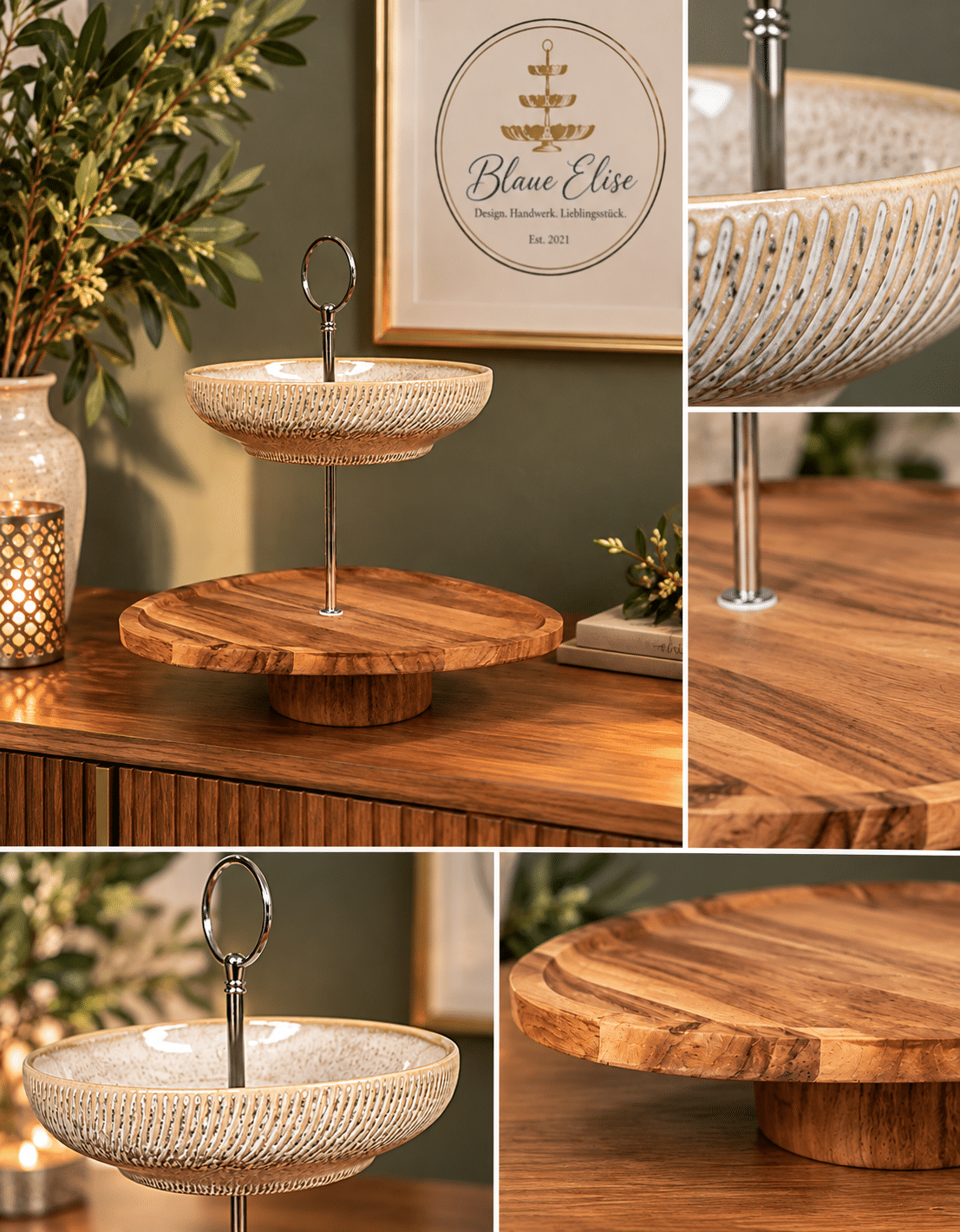 Etagere aus Akazienholz & gerippter Keramik – natürliches Design für Tisch & Zuhause