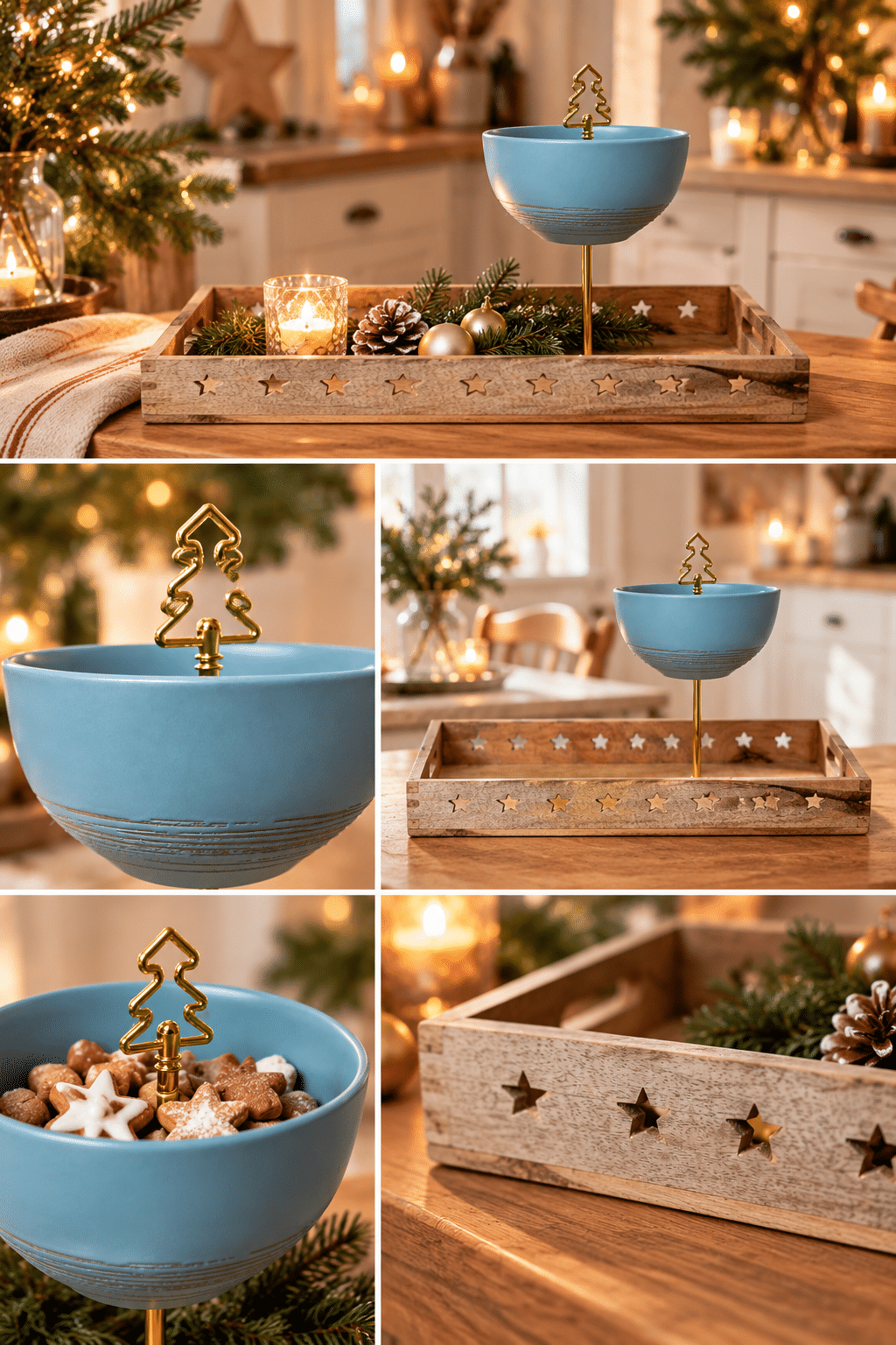 Weihnachts-Etagere aus Mangoholz mit türkis-blauer Keramikschale und goldenem Tannenbaum