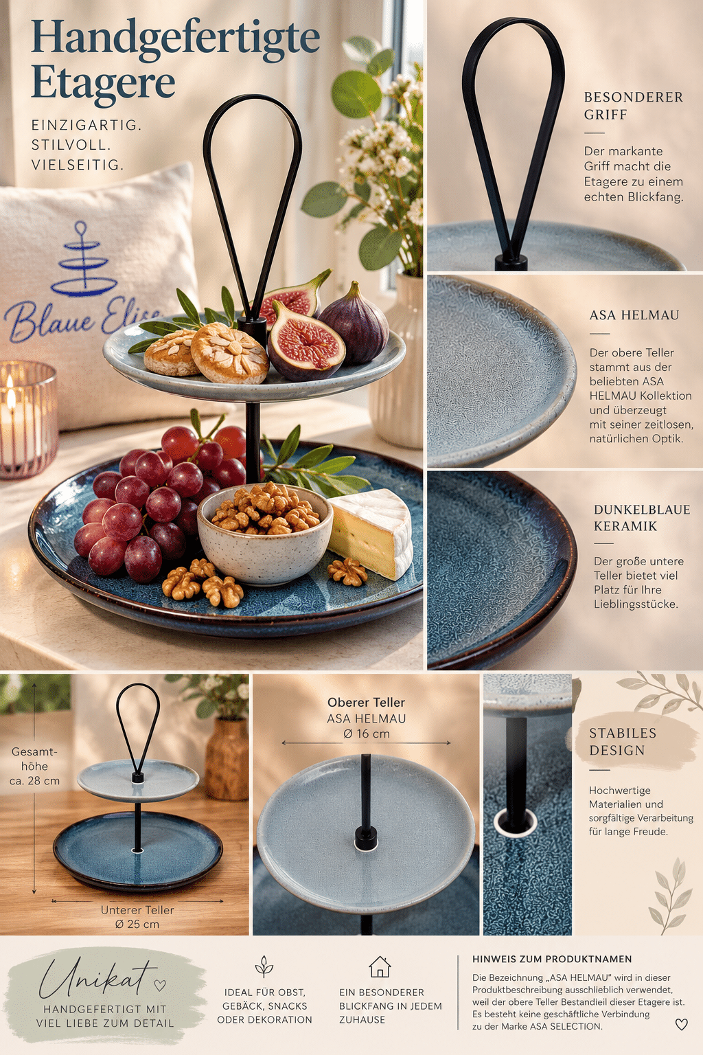 Handgefertigte Etagere mit blauer ASA Keramik – stilvolles Unikat