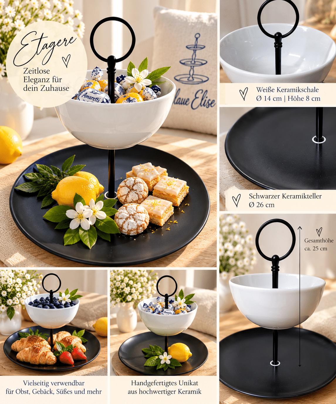Handgefertigte Etagere aus schwarzer Keramik Teller & weißer Schale