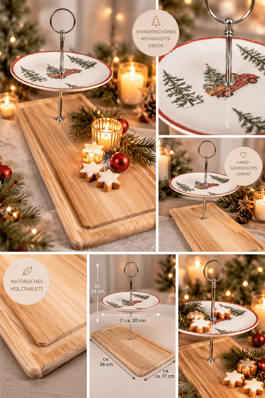 Weihnachtliche Etagere aus Keramik und Holz – Oldtimer im Schnee