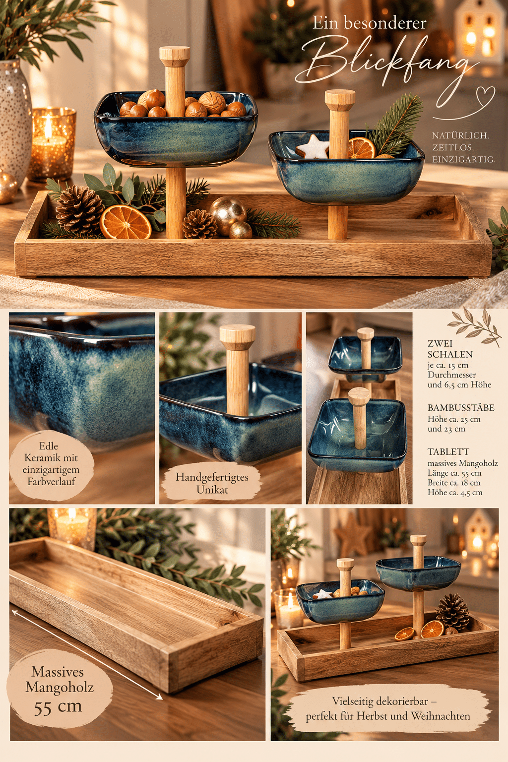 Etagere aus Mangoholz und Keramik, 2 Schalen in Blaugrün, Bambus, handgefertigtes Unikat, Servieretagere 56 cm