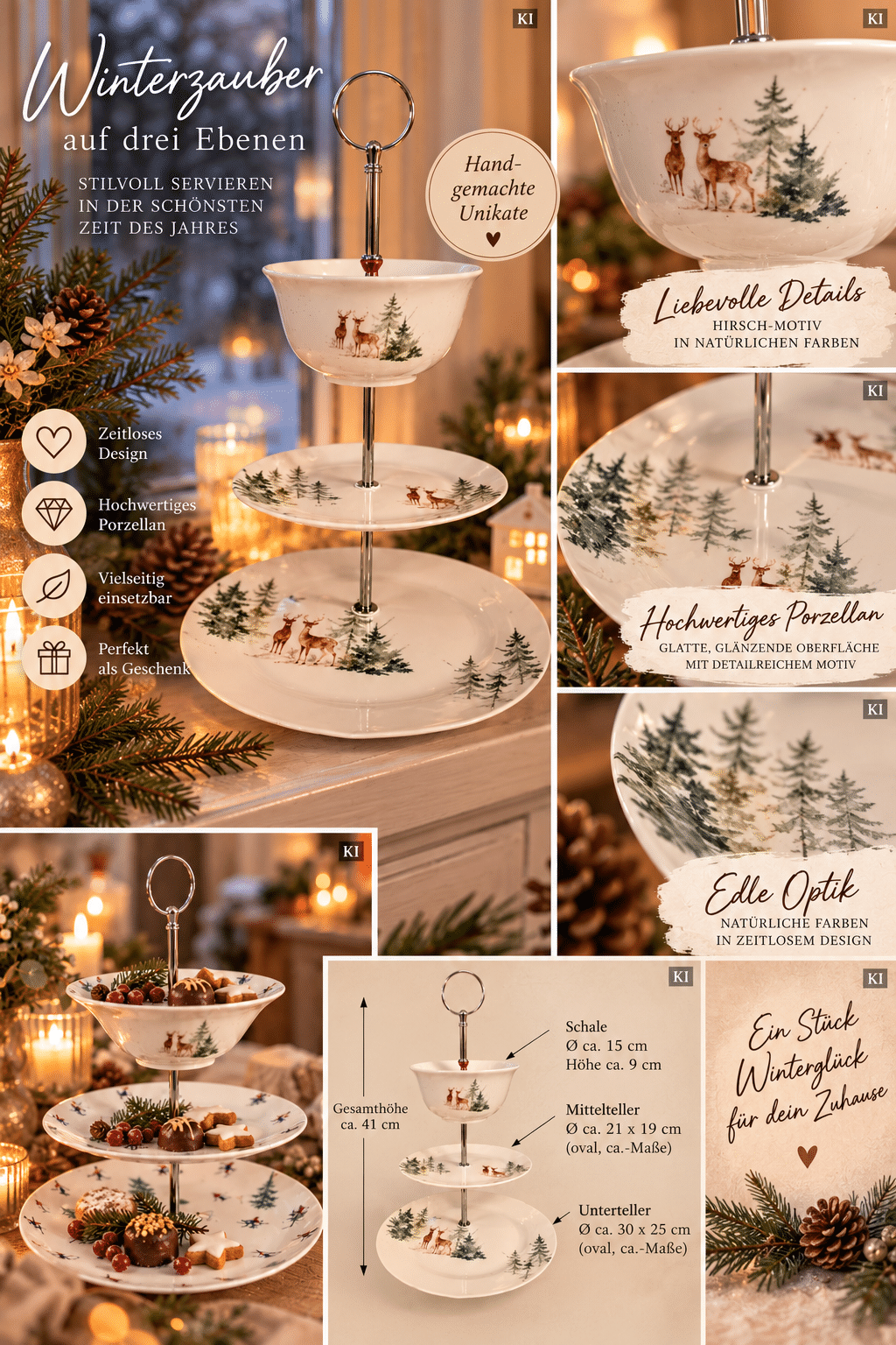 Große Porzellan-Etagere mit Hirschen und Tannen – 3-stöckig, Waldmotiv, winterliche Tischdeko im Landhausstil