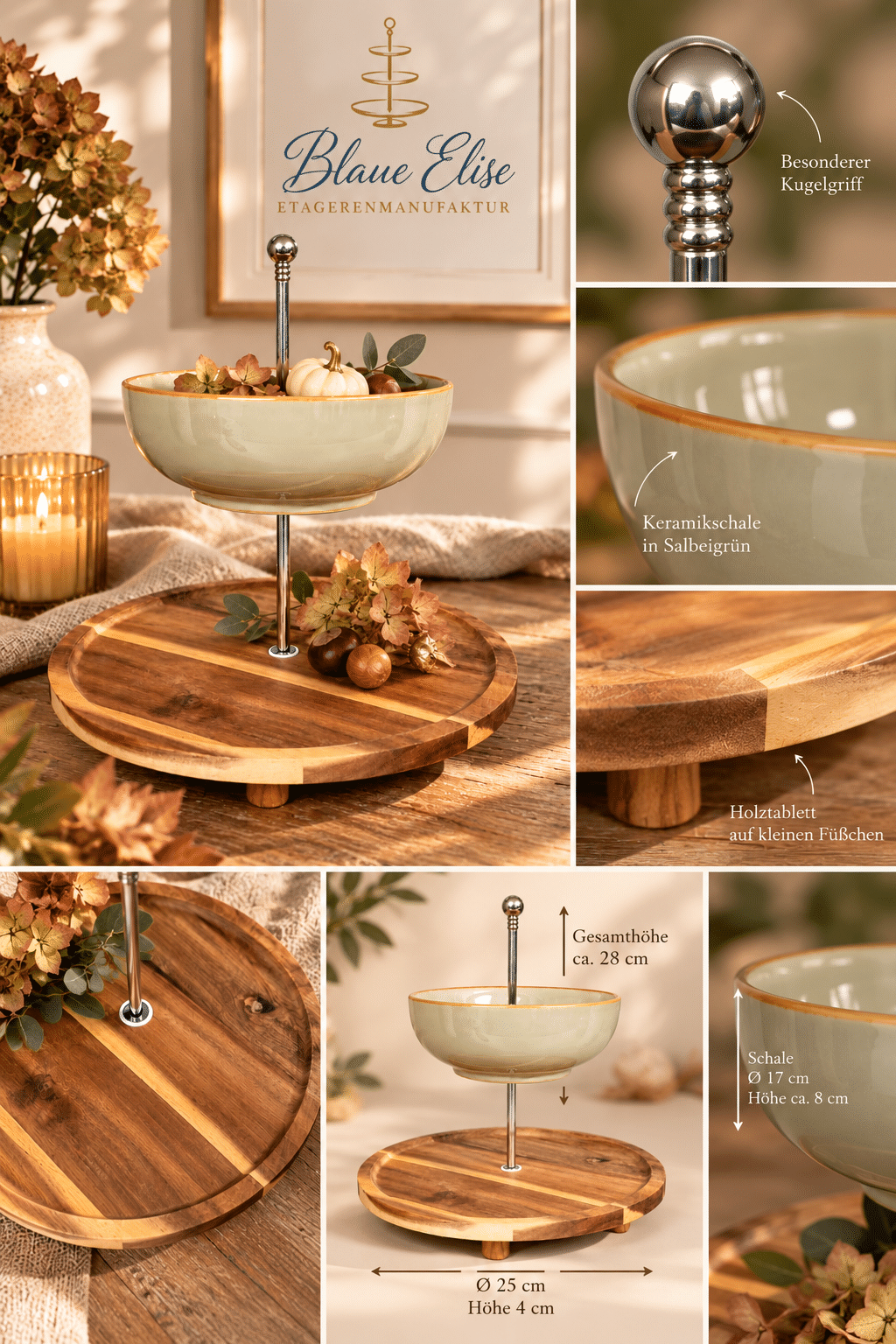 Handgefertigte Etagere mit Holztablett und salbeigrüner Keramik