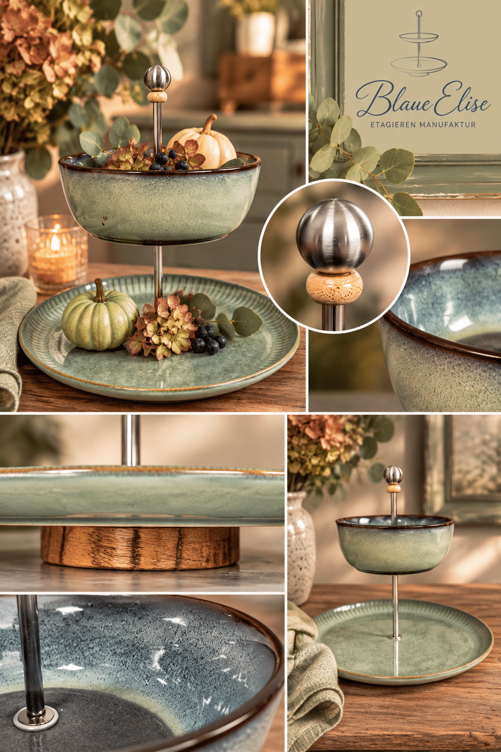 Handgefertigte Keramik-Etagere mit Reactive Glaze und Holzfuß salbeigrün